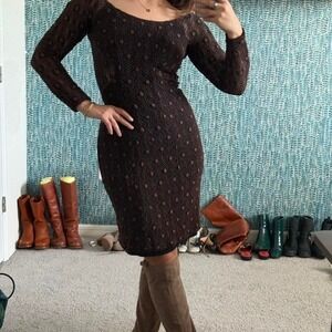 Y2K Georgette brown lace long sleeve midi dress